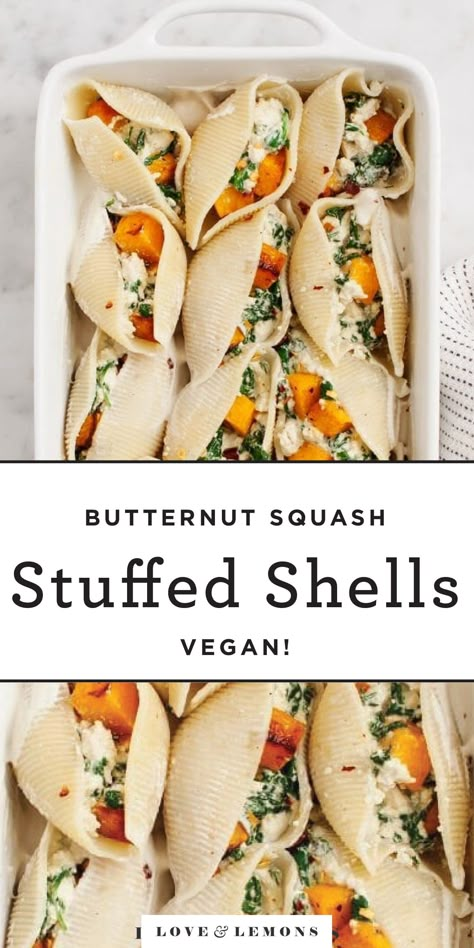 Butternut Squash Stuffed Shells, Squash Stuffed Shells, Butternut Squash Stuffed, Dinner Vegetarian, Vegetarian Main Course, Shells Recipe, Fall Comfort Food, Stuffed Shells Recipe, Lemon Ricotta