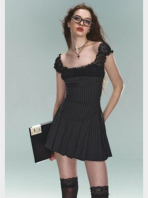 QWEEK Y2k Coquette Stripped Lace Pleated Mini Dress Women 2024 Fashion American Retro Short Dresses Y2k Coquette, Pleated Mini Dress, Mini Dresses For Women, Lace Fashion, Evening Attire, Flowing Maxi Dress, Glamorous Evening Gowns, Body Weight, Women's Fashion Dresses