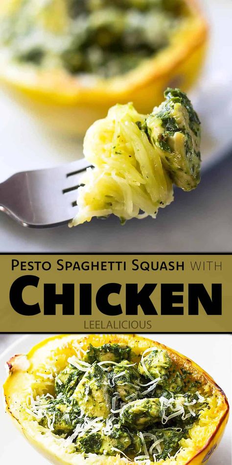 Pesto Spaghetti Squash with Chicken - paleo, low carb » LeelaLicious Spaghetti Squash With Chicken, Pesto Spaghetti Squash, Pesto Spaghetti, Paleo Low Carb, Chicken Spaghetti Squash, Paleo Chicken, Best Chicken Recipes, Pesto Chicken, Delicious Dinner