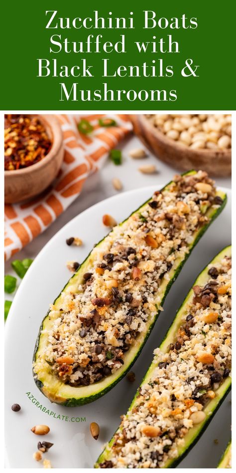 Zucchini Boats Stuffed with Black Lentils & Mushrooms Zucchini Lunch Recipes, Zucchini Lunch, Lentils Mushrooms, Dinner Cravings, Mushroom Stuffed, Black Lentils, Mediterranean Meals, Friends Recipes, Easy Vegan Recipes