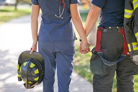 Fireman And Nurse Engagement Pictures, Firefighter Nurse Engagement Pictures, Wedding Firefighter, Firefighter Engagement Pictures, Firefighter Couple, Firefighter Engagement, Firefighter Girlfriend, Firefighter Family, Firefighter Wedding