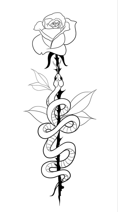 Small Snake Flower Tattoo, 444 Snake Tattoo, Spine Tattoos For Women Unique Simple, Snake And Rose Tattoo Design, Rose And Snake Tattoo Design, Drawing Ideas Snake, Snake And Rose Tattoo, Neck Tattoo Women, Snake And Flowers