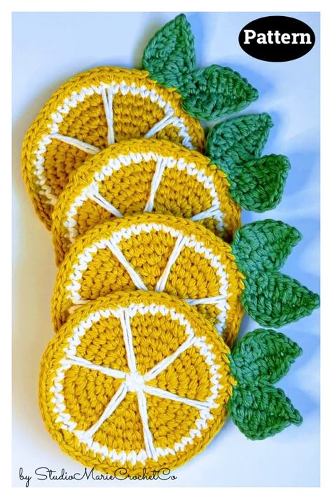 Crochet Orange Coaster, Crochet Orange Pattern, Crochet Granny Square Free Pattern, Flower Design Ideas, Granny Square Free Pattern, Fruit Coasters, Coaster Crochet Pattern, Citrus Slice, Coasters Crochet