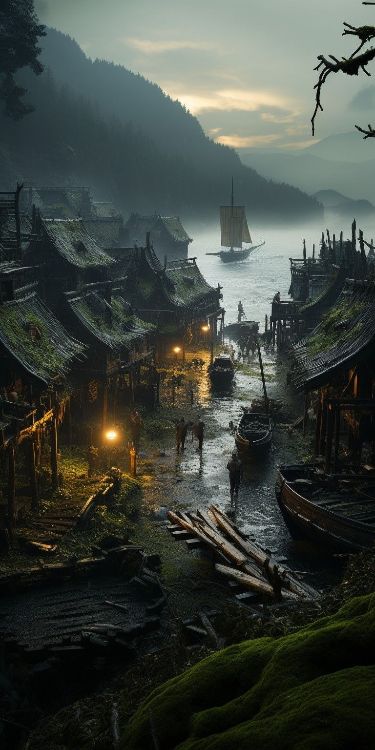 Dystopian Fantasy World Aesthetic, Dnd Setting Inspiration, Dnd Landscape Art, Dnd Art Landscape, Fantasy Places City, Dnd City Art, Dark Fantasy Places, Fantasy Harbor, Fantasy Apocalypse