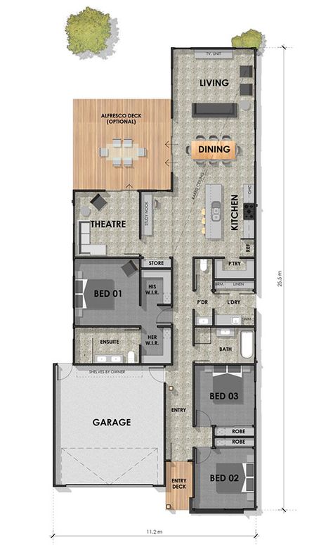 Lot 437 Restful Way Armstrong Creek, Cunningham 23 House & Land Small Long House Floor Plans, Long House Exterior, Long House Floor Plans, Long House Plans, Narrow Homes, Single Storey House Plans, Narrow House Plans, Small Floor Plans, Long House