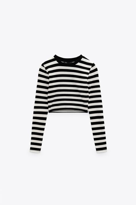 CROP TOP - striped | ZARA United States Striped Ribbed Cropped Tops, Trendy Striped Crop Top, Striped Crop Top Long Sleeve, Striped Long Sleeve Tops From H&m, Striped Cotton Crew Neck Crop Top, Wednesday Outfit, Zara Australia, Tulle Top, Zara United States