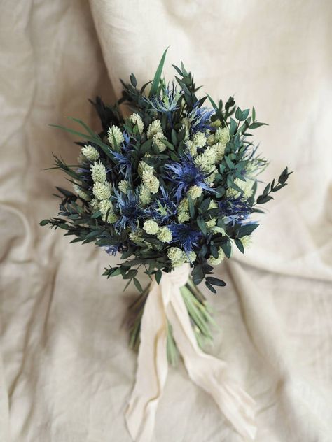 Blue Thistle Wedding Flowers, Wedding Flowers With Blue Thistle, Wedding Bouquet With Blue Thistle, Bridal Bouquet Thistle, Scottish Wedding Bouquet Thistles, Wildflower Bridal Bouquets, Navy Wedding Flowers, Eucalyptus Mint, Green Eucalyptus