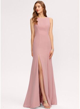 Sheath/Column Scoop Neck Floor-Length Chiffon Bridesmaid Dress With Split Front (007221215) - JJ's House Short Sleeve Bridesmaid Dress, Summer Blush, Bridesmaid Dresses Chiffon, Princess Bridesmaid Dress, Princess Silhouette, Bridesmaid Gowns, Sleeveless Bridesmaid Dresses, Floor Length Chiffon Bridesmaid Dresses, Chiffon Evening Dresses