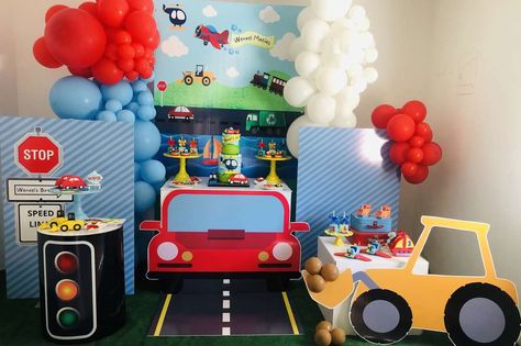 Wenxel’s Birthday | CatchMyParty.com Car Theme For Birthday Party, Transport Birthday Party Ideas, Vehicles Birthday Theme, Transport Theme Birthday Decor, Car Theme Birthday Party, Transportation Theme Birthday Party, Vehicle Themed Birthday Party, Kids Birthday Themes Boys, Car Themed Birthday Party