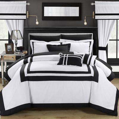 Chic Home Ritz 20 Piece Comforter Set Size: Queen, Color: White Black And White Bed, Black And White Bedding, Cheap Bedding Sets, White Comforter, Quality Sleep, Luxury Bedroom, King Comforter Sets, Queen Bedding Sets, Queen Comforter Sets