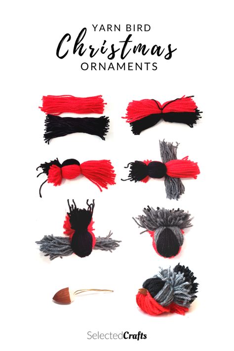 Diy Christmas Ornaments Yarn, Diy Bird Ornaments Christmas, Yarn Birds, Yarn Christmas Ornaments, Christmas Yarn Hat Ornaments, Yarn Birds How To Make, Cardinal Diy Ornament, Red Bird Ornament Diy, Bird Ornaments Diy