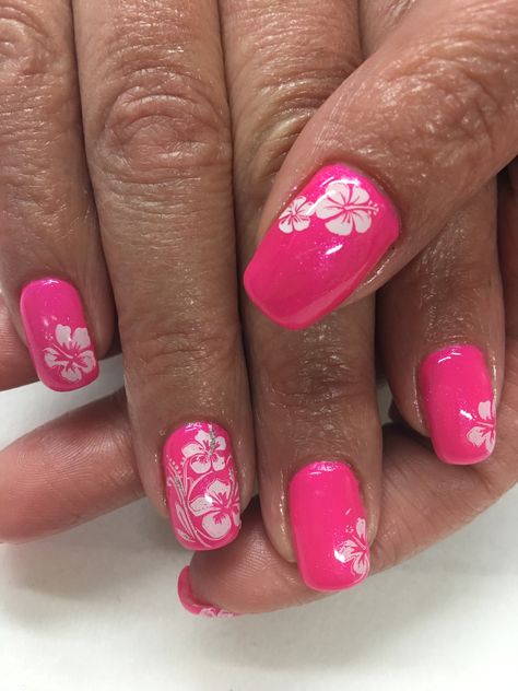 Hot Pink Vacation Nails Tropical Hibiscus Light Elegance Playful Pink with pink/purple shimmer on top Gel Nails Hot Pink Hawaii Nails, Hot Pink Cruise Nails, Tropical Toes Nails, Hibiscus Gel Nails, Hot Pink Tropical Nails, Nails Tropical Vacation, Hot Pink Beach Nails, Island Nails Designs, Fun Vacation Nails The Beach