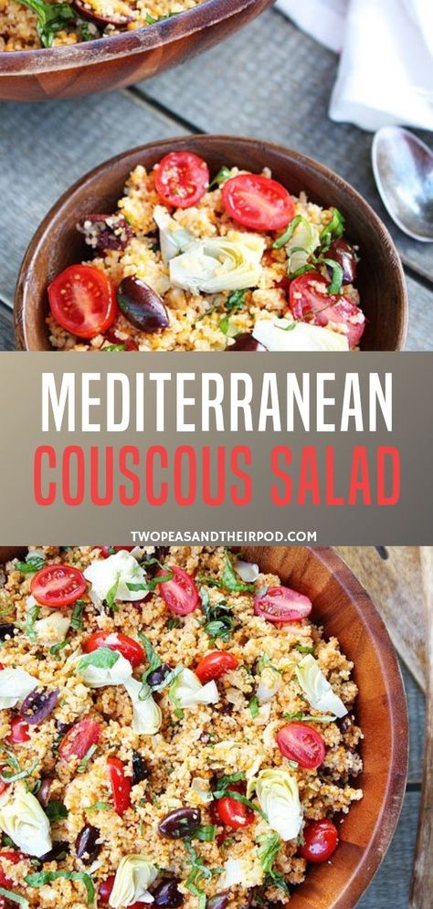 A simple couscous salad with tomatoes, artichoke hearts, kalamata olives, basil, and a light lemon dressing! Everyone will love this easy Mediterranean Couscous salad recipe that can serve a crowd. It's a great side dish to any meal perfect for summer days! Recipe With Tomatoes, Mediterranean Couscous Salad, Pasta Recipes Video, Two Peas And Their Pod, Couscous Salad Recipes, Lettuce Salad Recipes, Mediterranean Couscous, Salad With Tomatoes, Couscous Salat