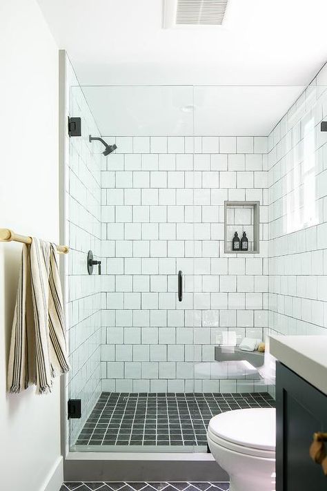 Part 1: Fresh Classic Alternatives to Subway Tile - Home Glow Design Square Tile Bathroom, White Square Tiles, Floor Tile Grout, Black Brick Wall, Black Floor Tiles, Shower Wall Tile, Bathroom Shower Walls, White Tile Floor, Shower Floor Tile