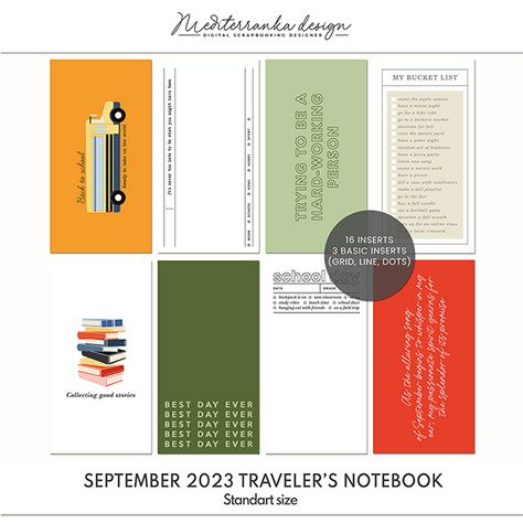 September 2023 Printable traveler's notebook kit by Mediterranka Design | Oscraps Notebook Printables, 2023 Printable, Team Page, Travellers Notebook, Travelers Notebook, Digital Scrapbook, Detailed Image, Print And Cut, Digital Scrapbooking