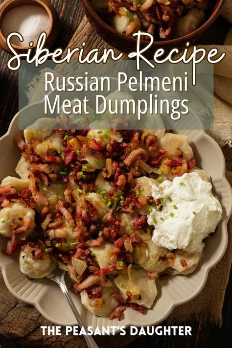 A bowl of pelmeni dumplings with caramelized onions and bacon on top. Russian Dumplings Recipe, Russian Appetizers, Yeast Dumplings, Hearty Appetizer, Russian Pelmeni, Eastern European Food, Russian Dumplings, Meat Dumplings, Russian Dishes