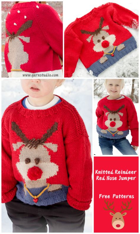 Reindeer Red Nose Jumper Free Knitting Patterns Reindeer Knitting Pattern Free, Reindeer Jumper, Christmas Knitting Patterns Free, December Outfits, Xmas Jumpers, Baby Reindeer, Jumper Knitting Pattern, Christmas Knitting Patterns, Free Knitting Patterns