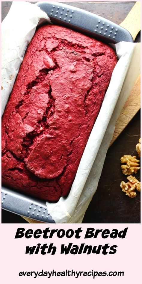 Quick beetroot bread with walnuts is nutritious, dairy free, and can be enjoyed for breakfast/brunch as well as a healthy snack anytime. This yeast free, no knead healthy bread is simple to make and you don't need to be an experienced baker to produce a gorgeous loaf! #beetroot #quickbread #easybread #homemadebread #noyeastbread #noyeast #breadrecipes #breadbaking #everydayhealthyrecipes Beet Loaf Recipe, Beetroot Bread Recipes, Beets For Breakfast, Beet Bread Recipe, Beetroot Bread, Beet Bread, Bread No Knead, Low Sugar Snacks, Beetroot Recipes