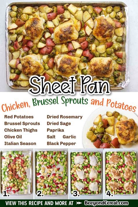 Cook up a full meal on one pan and save yourself effort and dishes. you're going to love this sheet pan chicken meal with roasted brussel sprouts and potatoes. We are big fans of roasted chicken, brussel sprouts, and potatoes so this sheet pan meal is always a huge family favorite. The crisp flavorful skin on the chicken, the juicy dark meat underneath, and the wonderfully crisp and flavorful veggies all go so well with each other. Roasted Brussel Sprouts And Potatoes, Dinner With Brussel Sprouts, Brussel Sprouts And Potatoes, Chicken Brussel Sprouts, Pan Chicken Breast, Roasted Chicken And Potatoes, Sheet Pan Dinners Chicken, Huge Family, Sheet Pan Chicken