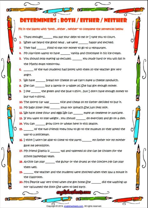 Determiners Both Either Neither ESL Exercise Worksheet Neither Nor, Practice English Grammar, 4th Grade Reading Worksheets, English Language Learning Activities, Conjunctions Worksheet, Grammar For Kids, English Teaching Materials, Maths Exam, Teaching English Grammar