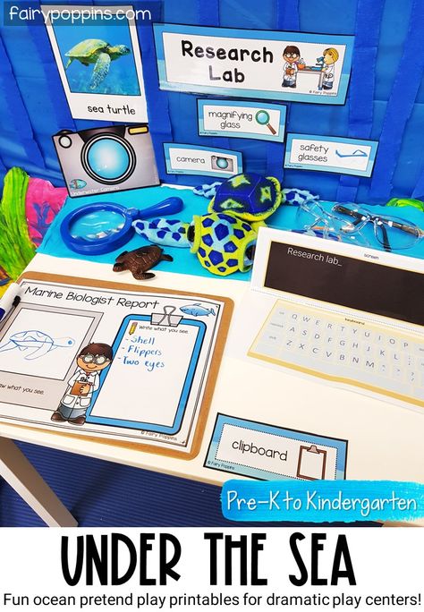 This under the sea dramatic play center is a fun way for kids to learn about ocean animals. It's great addition to an under the sea or ocean theme. #oceandramaticplay #undertheseadramaticplay #undertheseapretendplay #oceanpretendplay #cardboardsubmarine #aquariumdramaticplay #aquariumpretendplay #oceanactivities #underthesea #aquarium #pretendplay #dramaticplaycenter #pretendplaycenter #preschool #prek #kindergarten Animal Habitat Dramatic Play, Under The Sea Dramatic Play, Ocean Dramatic Play, Water Preschool, Ocean Lessons, Fairy Poppins, Ocean Activities Preschool, Homeschool Themes, Pretend Play Printables