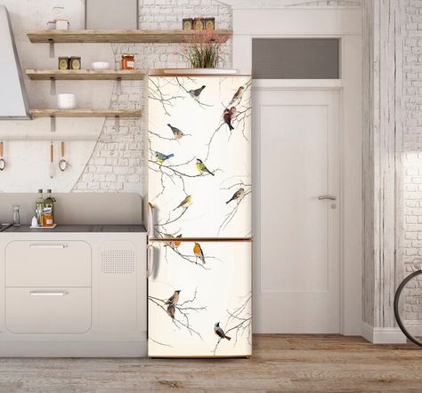 Beige Fridge, Asian Birds, Refrigerator Wrap, Fridge Makeover, Greige Kitchen, Fridge Wrap, Fridge Decals, Refrigerator Wraps, Door Mural