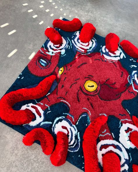 Octopus 🐙 3D rug In stock ✨ Shipping worldwide 🌎 . . . . . #octopus #customrug #customrug #mitsurikanrojicosplay #murakamitakashi #rugdesign #rug #octopus🐙 #tufting #octopusart #rugmaking #tuftinggun #rugmaking #tufting #rugsusa Mirror Tufting, Rug Tufting Ideas, Rugs Aesthetic, 3d Rugs, Octopus Rug, 3d Octopus, Tuft Rugs, Tufting Art, Tufting Design