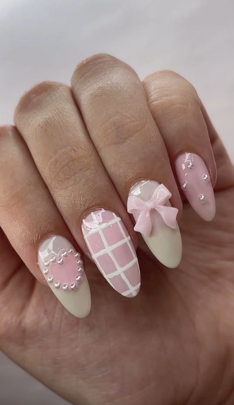 Coquette Nail Ideas, Pink Coquette Nails, Princess Nail Designs, Beachy Nail Designs, Coquette Nail, Plaid Nail Designs, Bow Nail Designs, Aesthetic Bow, Soft Pink Nails