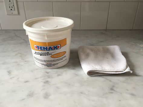 Tenax Marble Polishing Powder on Josh and Julie’s countertop, before cleaning (note the etching at top left). Photograph by Josh Groves. Stained Marble Countertops, Marble Kitchen Top, Clean Marble Countertops, Cleaning Marble Countertops, Cleaning Marble Floors, Marble Countertops Bathroom, Blue Countertops, Domestic Science, Cultured Marble Countertops