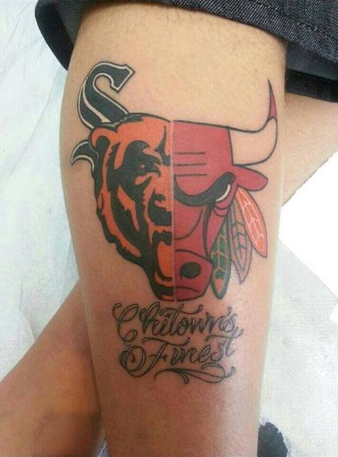 Chitown's Finest Tattoo. Chicago Bulls Tattoo, Sport Tattoos, Chicago Tattoo, Cross Tattoos For Women, Cross Tattoo, S Tattoo, Chicago Bears, Chicago Bulls, Skull Tattoo