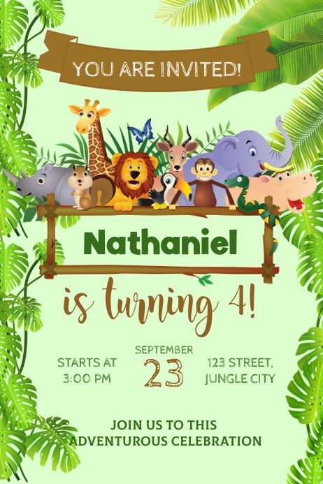 Jungle Themed Invitations, Jungle Theme Invitation Card, Jungle Invitations Template, Safari Invitation Template Free Editable, Jungle Theme Invitation Template, Free Online Invitation Maker, Bday Invitation Card, Animal Party Invitations, Jungle Birthday Invitations