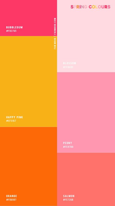 Fruit Punch Color Palette, Pink And Orange Wedding Palette, Bright Sunset Color Palette, Passion Fruit Color Palette, Color Schemes Colour Palettes Pink, Spring Color Palate, Bright And Fun Color Palette, Retro Spring Wedding, Color Pallets Bright