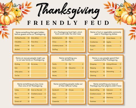 Thanksgiving Friendly Feud Game, Thanksgiving Family Feud, Thanksgiving Trivia Game, Thanksgiving Party Game, Thanksgiving Trivia Quiz Game - Etsy Family Feud Thanksgiving Questions And Answers, Thanksgiving Family Fued Questions, Thanksgiving Family Fued Free, Thanksgiving Family Feud Free, Thanksgiving Trivia Printable, Thanksgiving Family Feud Questions, Thanksgiving Activities For Adults, Thanksgiving Family Feud, Thanksgiving Jeopardy