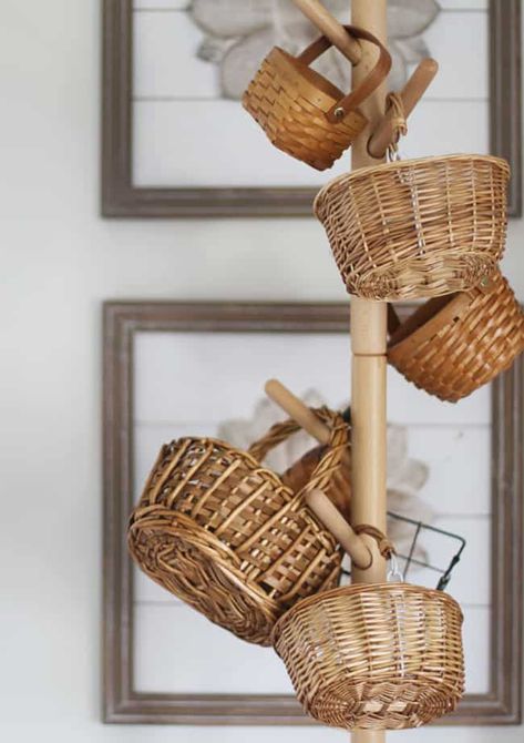 How To Store Baskets, How To Display Baskets, Basket Display Ideas, Wicker Basket Decor Ideas, How To Decorate With Baskets, Basket Tree, French Country Crafts, Wicker Basket Decor, Basket Decor Ideas