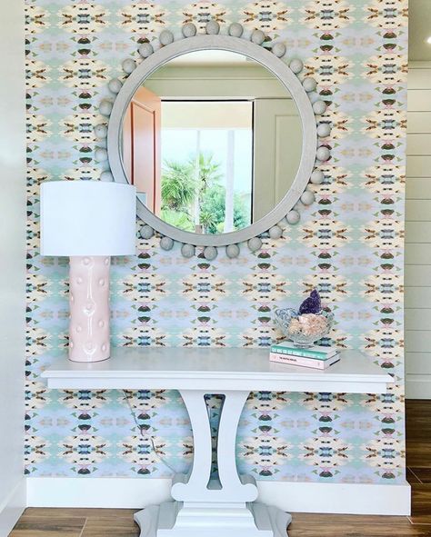 LauraPark | Laura Park Designs on Instagram: “The wonders of wallpaper ✨Thank you @sarah_anderson_design for sharing this entryway design . . . featuring our Summer Garden Light Blue…” Laura Park Designs, Light Blue Wallpaper, Sarah Anderson, Wallpaper Display, Laura Park, Entryway Design, Coastal Wallpaper, Wallpaper Ceiling, Park Designs