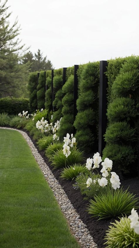 Sun-Kissed Sanctuary: 15 Fence Line Landscaping Ideas for Full Sun Backyards - Fads Lush Front Yard Landscaping, Against The Fence Landscaping, Front Yard Landscaping Privacy Ideas, Front Walkway Flower Bed Ideas, Landscaping Along Front Of House, Modern Farmhouse Gardens, Backyard Landscaping Rectangle Yard, Bush Fence Ideas Privacy Hedge, Home Garden Landscaping