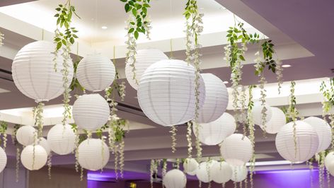 Wedding Ceiling Lanterns, Wisteria And Paper Lanterns, Venue Ceiling, Hanging Lanterns Wedding, Bridal Dinner, Wedding Ceiling Decorations, Ceiling Drapery, Wedding Lantern, White Paper Lanterns