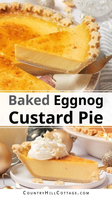 Eggnog Custard, Boozy Recipes, Eggnog Pie, Eggnog Dessert, Baked Pie, Custard Pie Recipe, Delicious Holiday Desserts, Creamy Pie, Christmas Pie