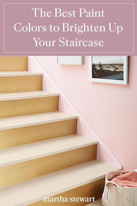 With all the beautiful paint colors available on the market, picking the best one for your unique staircase can be a challenge. From classic white to sky blue and beyond, our experts share their favorite paint hues for steps and risers. Plus, the best paint formula that works for your staircase and home decor style. #paintcolors #marthastewart #paintideas #paintcolorideas #bestpaintcolors #homeinspiration Stairwell Paint Colors Stairways, Colorful Staircase Ideas, Accent Wall Staircase Paint Colors, Staircase Colours Paint Colors, Paint Ideas For Stairway Walls, Paint Colors For Stairway Walls, Paint Colors For Stairs, Staircase Wall Color Ideas, Staircase Paint Colors