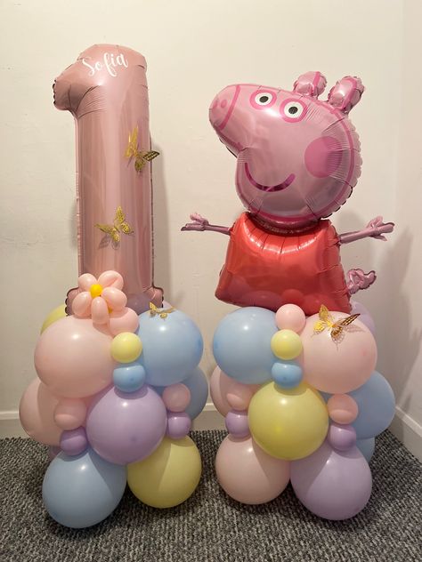 Peppa Pig Balloon Column, Peppa Pig Balloon Stack, Peppa Pig First Birthday Party, Peppa Birthday, Peppa Pig Balloons, Peppa Pig Birthday Party Decorations, Pig Balloon, Peppa Party, Peppa Pig Birthday Party