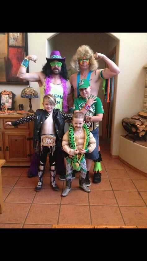 Jake The Snake Costume, Macho Man Halloween Costume, Wwe Group Costume, Wrestling Family Costumes, Wrestlers Halloween Costumes, Family Wrestler Costumes, Wwe Family Costumes, 80s Wrestlers Costume, Wwe Wrestlers Costumes