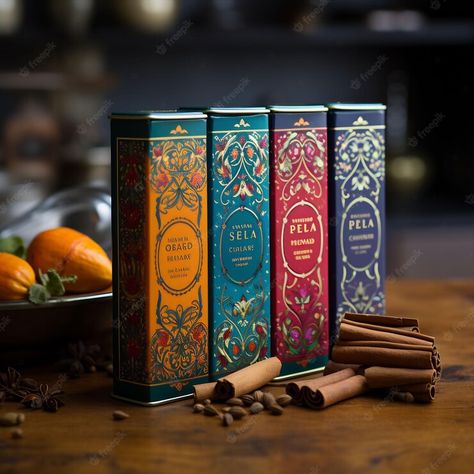 Premium AI Image | three boxes of cinnamon sticks sit on a table with a bowl of cinnamon sticks Cinnamon Packaging, India Spice, Stick Packaging, Luxury Box Design, Spices Packaging, Spice Set, Bullet Journal Art, Journal Art, Brand Management