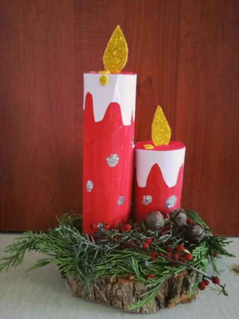 Toilet Paper Tube Candles, Christmas Loo Roll Craft, Toilet Paper Roll Candles, Winter Door Decorations Classroom, Christmas Candle Crafts, Christmas Handprint Crafts, Christmas Handprint, Advent Ideas, Christmas Candles Diy