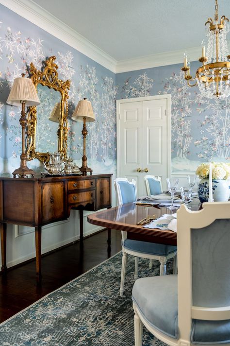 Tour A Grandmillennial Home Bursting with Chintz and Charm - The Glam Pad Art Deco Decor, Cream Rug, Art Deco Era, Washable Area Rugs, Machine Washable Rugs, Indoor Rugs, Tufted Rug, Of Wallpaper, Blue Rug