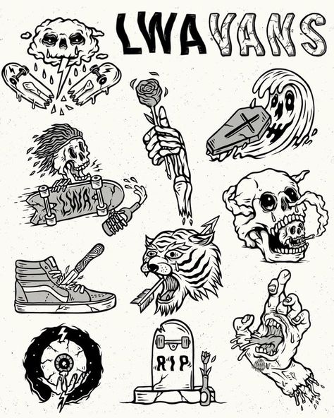 Skate Tattoo, Skateboard Tattoo, Skeleton Artwork, Traditional Tattoo Old School, Flash Sheets, Old School Skateboards, Flash Tattoo Designs, Sketch Tattoo Design, Old School Tattoo Designs