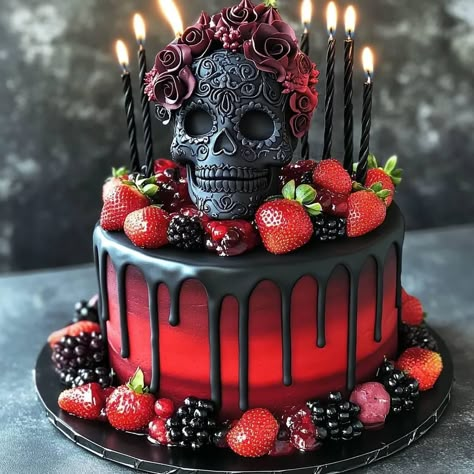 Skull Cakes Ideas, Halloween Birthday Cakes For Women, Halloween Birthday Cakes For Adults, Gothic Drinks, Scorpio Cake, Goth Cake, Halloween Bakes, Halloween Sweet 16, Halloween Ideas Makeup