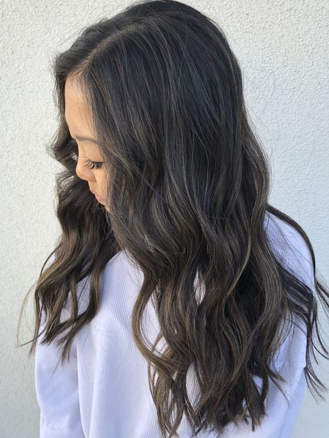 dark hair with ash balayage Ash Blonde On Dark Hair, Lived In Ash Blonde, Blonde On Dark Hair, Lived In Highlights, Balayage Dark Hair, Balayage Hair Dark Black, Hair Lowlights, Balayage Hair Brunette With Blonde, Balayage Hair Brunette Long