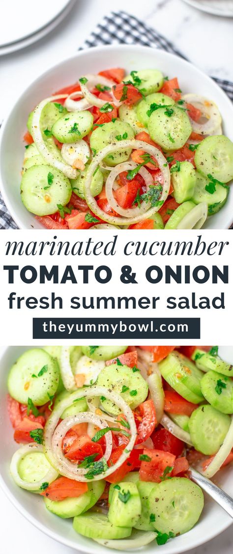 Marinated Cucumber Tomato and Onion Salad is a fresh summer side dish, it only takes 5 minutes to throw together, super simple and delicious. No summer feasting and BBQ party is the same without this salad. Marinated Cucumbers Onions And Tomatoes Vinegar, Cucumber Tomato Vinegar Salad, Cucumber Tomato Onion Salad Vinegar, Tomato Cucumber And Onion Salad Vinegar, Easy Summer Salads Simple, Cucumber Tomato And Onion Salad, Cucumber And Onion Salad, Light Salads, Tomato Side Dishes