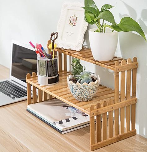 MyGift Natural Bamboo Indoor Plant Stand for Desk, 2 Tier Desktop Shelf Organizer Rack with 2 Slatted Shelves Bamboo Plant Stand, Table Top Display Stand, Diy Popsicle Stick Crafts, Slatted Shelves, Desktop Shelf, Easy Diy Room Decor, Popsicle Crafts, Bamboo Plant, Shelf Rack