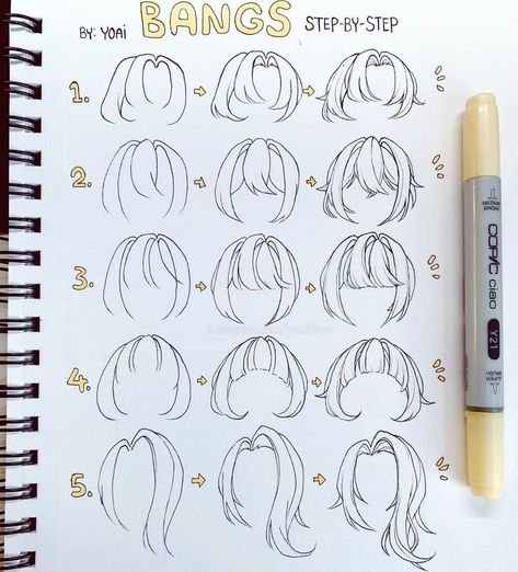 Stationery Island on Instagram: “Draw different types of bangs with this super helpful tutorial by @yoaihime 😍💕 Do you have a fringe? I remember the good old days when I…” Draw Bangs, Hairstyles Sketches, Art Tut, Lukisan Fesyen, Anime Hairstyles, Pelo Anime, How To Draw Anime, Drawing Hair Tutorial, Anime Ideas